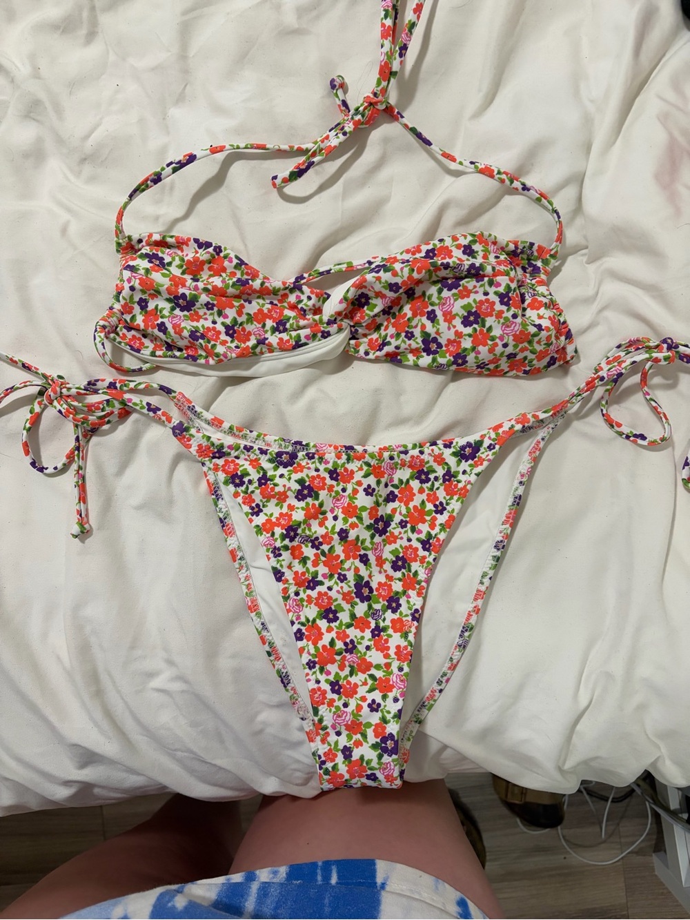 Floral Tie-Side Women’s Bikini Set - White with Red, Purple & Green Flowers